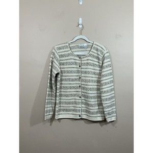 VTG Womens Striped Cardigan Sweater Sz Med Beige Granny Coastal Geometric Boxy